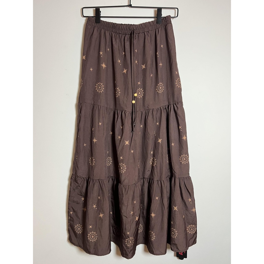 Hippie Boho Maxi Skirt Small Celestial Sun Star Brown Tiered Whimsigoth Cottage